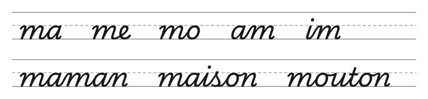Liaisons en cursive avec le m (ma, me, mo, am, im) et mots pour s’entraîner : maman, maison, mouton