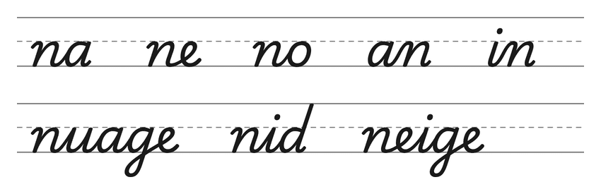 Liaisons en cursive avec le n (na, ne, no, an, in) et mots pour s’entraîner : nuage, nid, neige