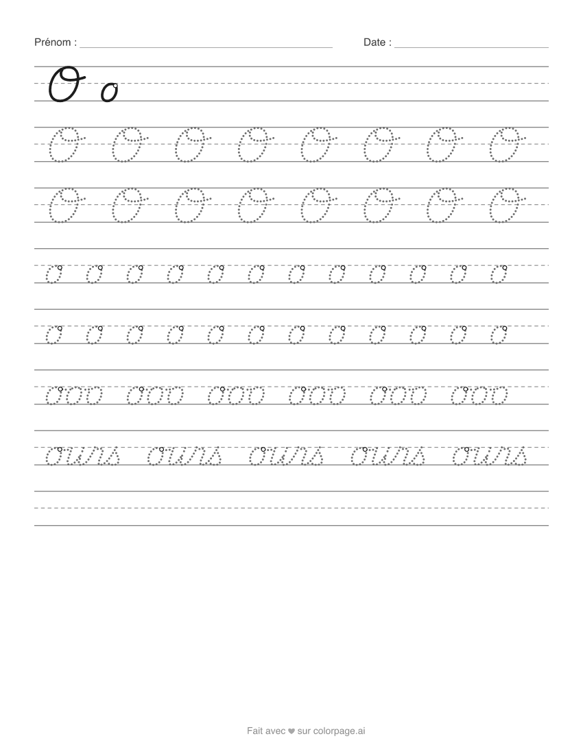 Fiche d’écriture du O en cursive à imprimer, avec le o majuscule et minuscule à repasser