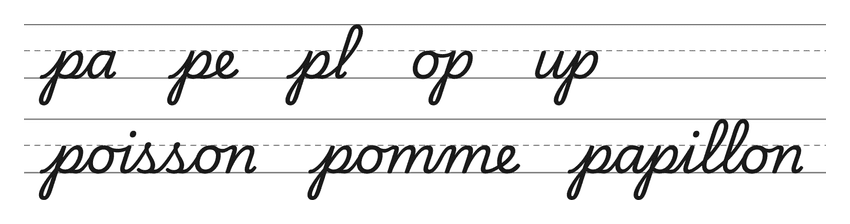 Liaisons en cursive avec le p (pa, pe, pl, op, up) et mots pour s’entraîner : poisson, pomme, papillon