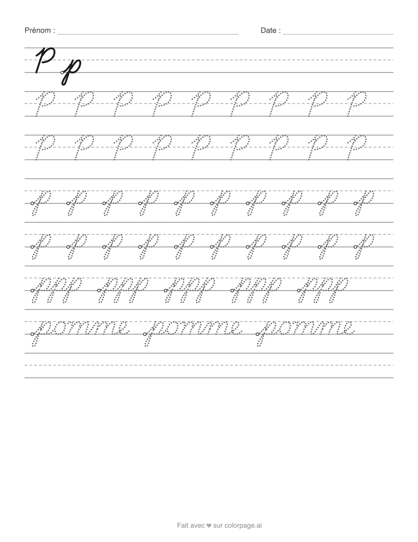 Fiche d’écriture du P en cursive à imprimer, avec le p majuscule et minuscule à repasser