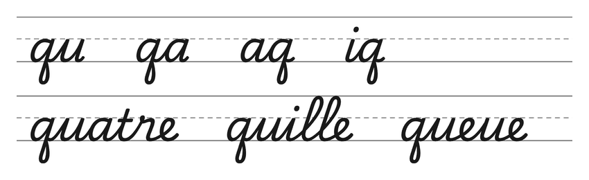 Liaisons en cursive avec le q (qu, qa, aq, iq) et mots pour s’entraîner : quatre, quille, queue