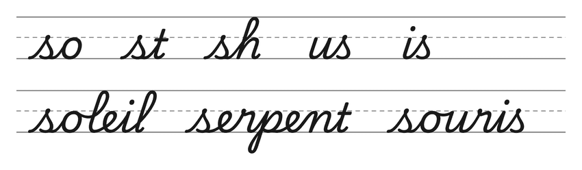 Liaisons en cursive avec le s (so, st, sh, us, is) et mots pour s’entraîner : soleil, serpent, souris