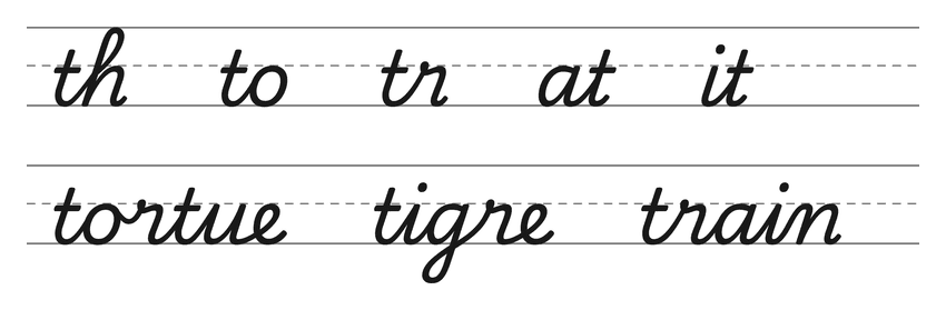 Liaisons en cursive avec le t (th, to, tr, at, it) et mots pour s’entraîner : tortue, tigre, train