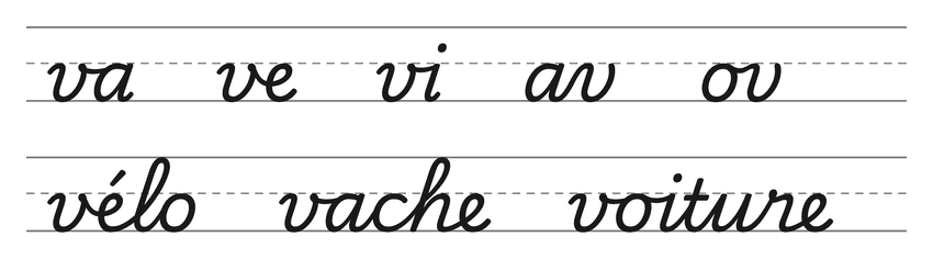 Liaisons en cursive avec le v (va, ve, vi, av, ov) et mots pour s’entraîner : vélo, vache, voiture