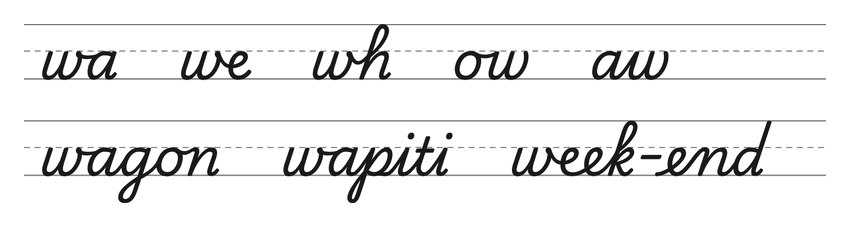 Liaisons en cursive avec le w (wa, we, wh, ow, aw) et mots pour s’entraîner : wagon, wapiti, week-end