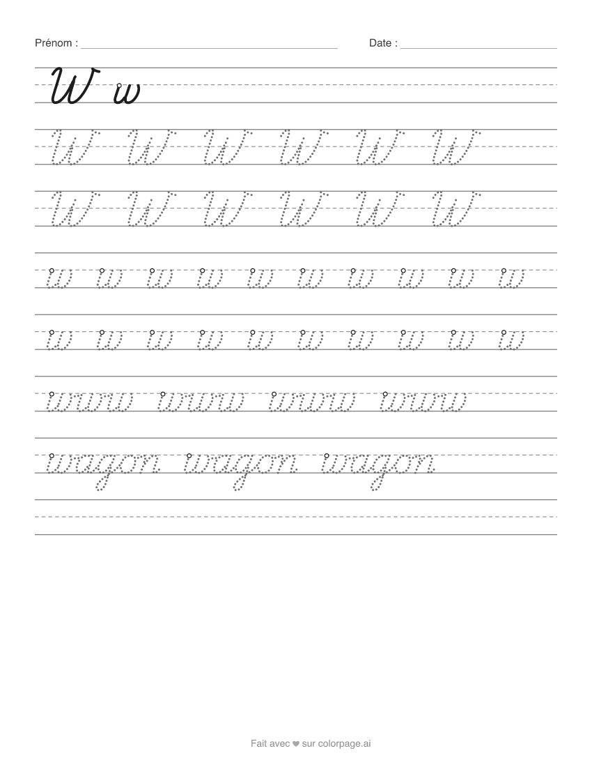 Fiche d’écriture du W en cursive à imprimer, avec le w majuscule et minuscule à repasser