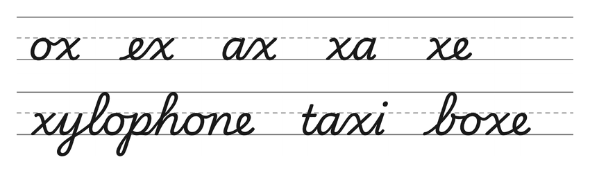 Liaisons en cursive avec le x (ox, ex, ax, xa, xe) et mots pour s’entraîner : xylophone, taxi, boxe