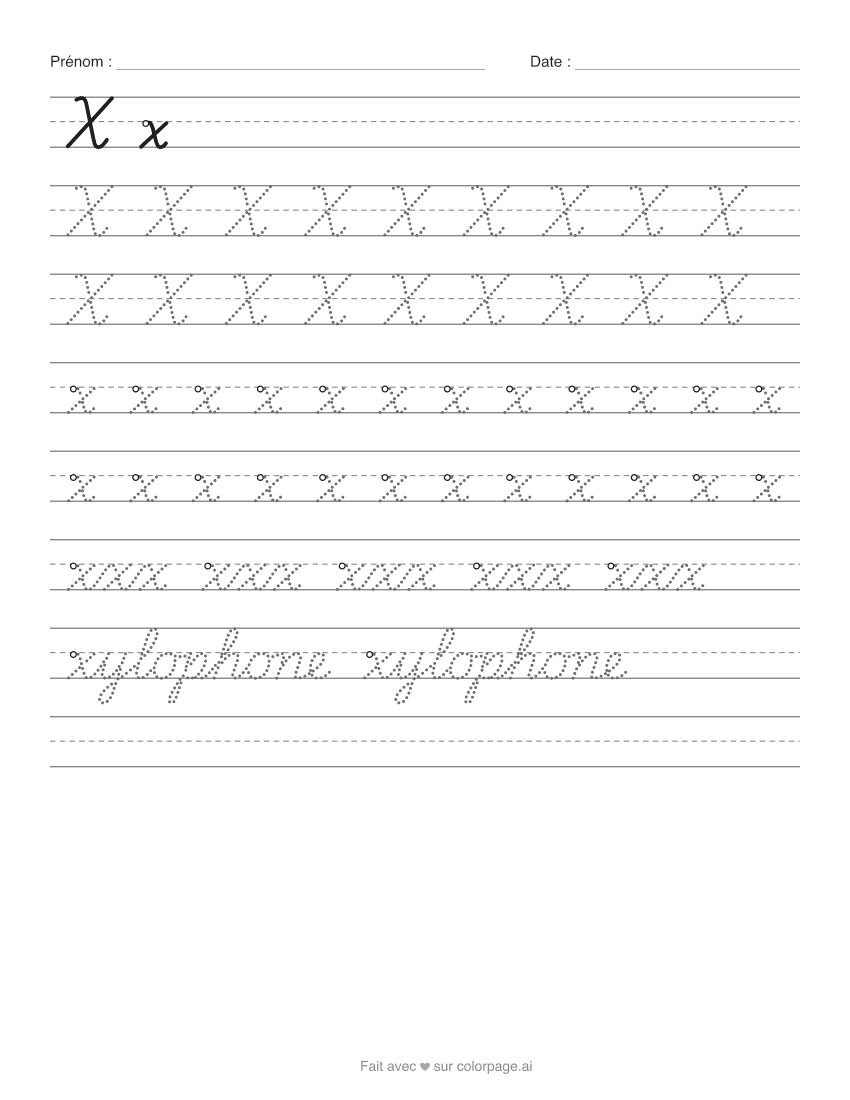 Fiche d’écriture du X en cursive à imprimer, avec le x majuscule et minuscule à repasser
