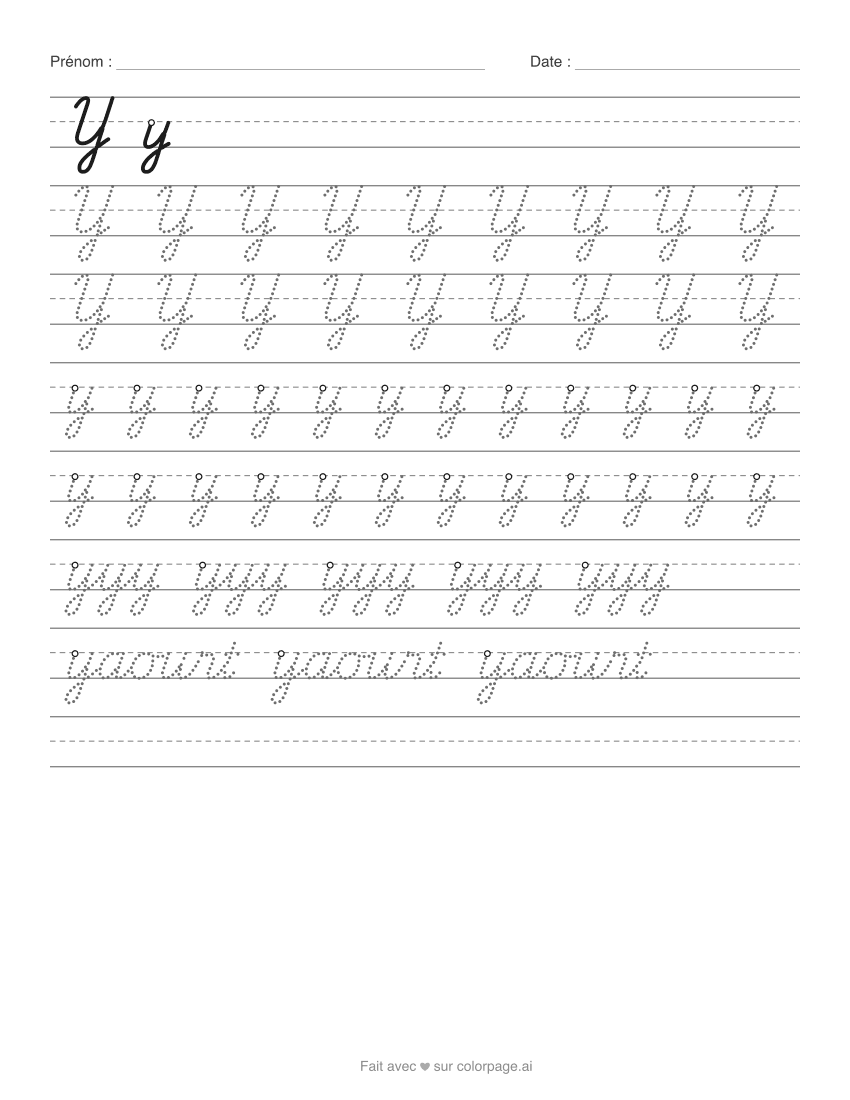 Fiche d’écriture du Y en cursive à imprimer, avec le y majuscule et minuscule à repasser