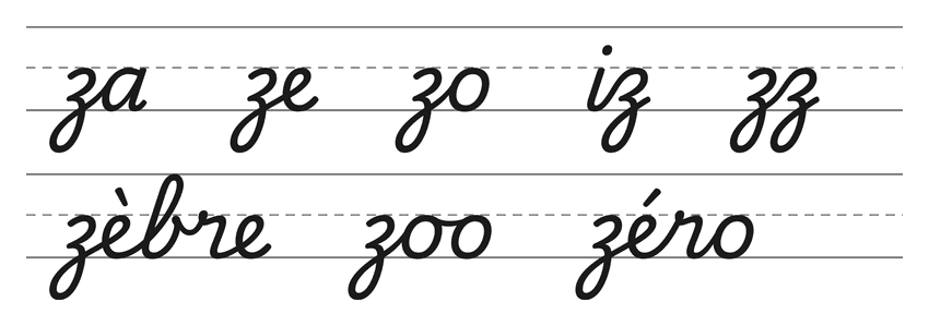 Liaisons en cursive avec le z (za, ze, zo, iz, zz) et mots pour s’entraîner : zèbre, zoo, zéro