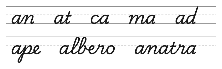 Legature in corsivo con la a (an, at, ca, ma, ad) e parole da esercitare: ape, albero, anatra