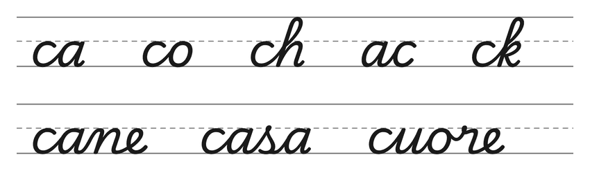 Legature in corsivo con la c (ca, co, ch, ac, ck) e parole da esercitare: cane, casa, cuore