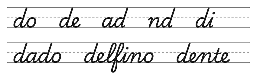 Legature in corsivo con la d (do, de, ad, nd, di) e parole da esercitare: dado, delfino, dente