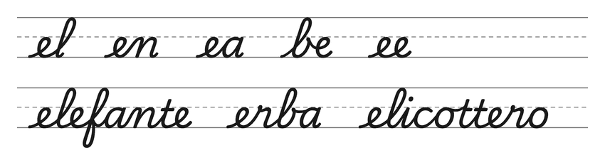 Legature in corsivo con la e (el, en, ea, be, ee) e parole da esercitare: elefante, erba, elicottero