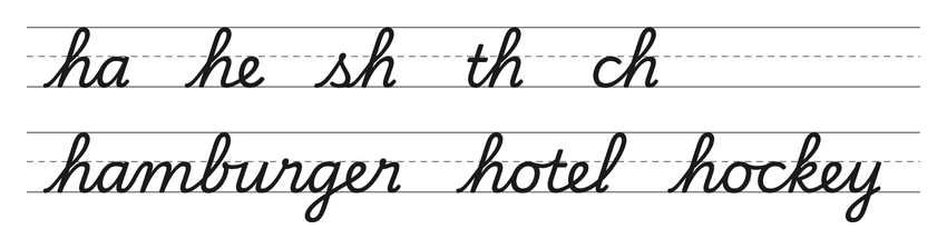 Legature in corsivo con la h (ha, he, sh, th, ch) e parole da esercitare: hamburger, hotel, hockey
