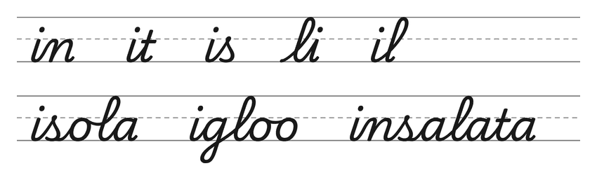 Legature in corsivo con la i (in, it, is, li, il) e parole da esercitare: isola, igloo, insalata