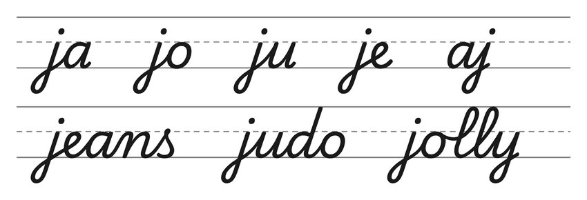 Legature in corsivo con la j (ja, jo, ju, je, aj) e parole da esercitare: jeans, judo, jolly