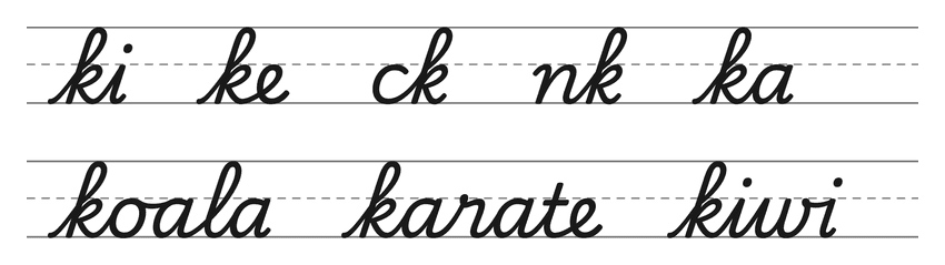 Legature in corsivo con la k (ki, ke, ck, nk, ka) e parole da esercitare: koala, karate, kiwi