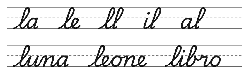 Legature in corsivo con la l (la, le, ll, il, al) e parole da esercitare: luna, leone, libro