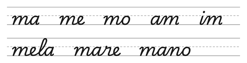 Legature in corsivo con la m (ma, me, mo, am, im) e parole da esercitare: mela, mare, mano