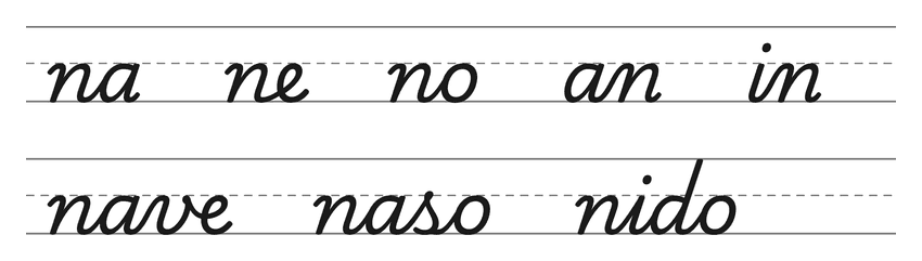Legature in corsivo con la n (na, ne, no, an, in) e parole da esercitare: nave, naso, nido