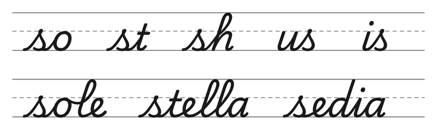 Legature in corsivo con la s (so, st, sh, us, is) e parole da esercitare: sole, stella, sedia