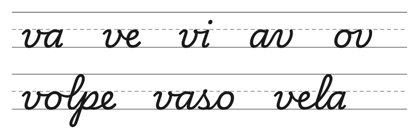Legature in corsivo con la v (va, ve, vi, av, ov) e parole da esercitare: volpe, vaso, vela
