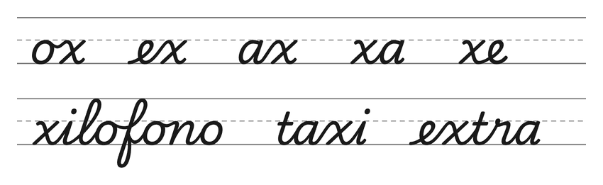 Legature in corsivo con la x (ox, ex, ax, xa, xe) e parole da esercitare: xilofono, taxi, extra