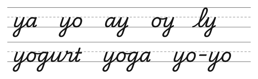 Legature in corsivo con la y (ya, yo, ay, oy, ly) e parole da esercitare: yogurt, yoga, yo-yo