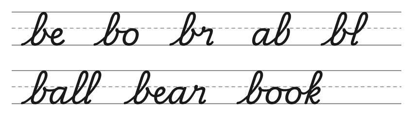 Cursive joins with b (be, bo, br, ab, bl) and words to practice: ball, bear, book