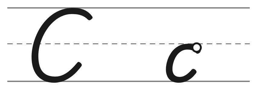Capital cursive C and lowercase cursive c on handwriting lines