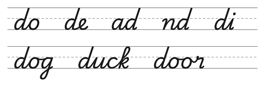 Cursive joins with d (do, de, ad, nd, di) and words to practice: dog, duck, door