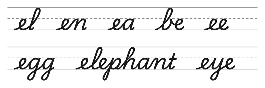 Cursive joins with e (el, en, ea, be, ee) and words to practice: egg, elephant, eye