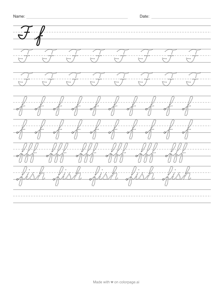 Printable cursive F worksheet with capital and lowercase f to trace