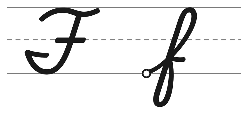Capital cursive F and lowercase cursive f on handwriting lines