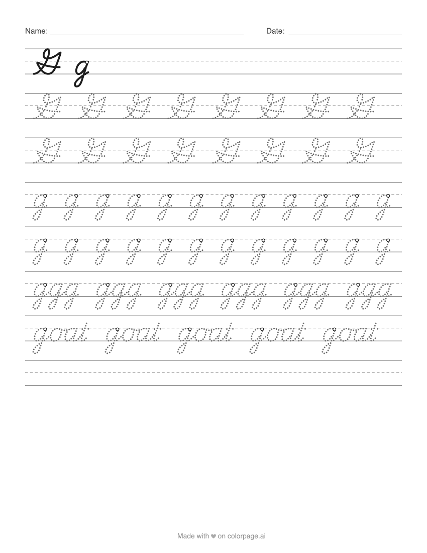 Printable cursive G worksheet with capital and lowercase g to trace