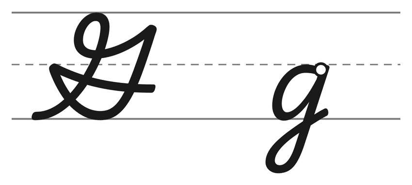 Capital cursive G and lowercase cursive g on handwriting lines