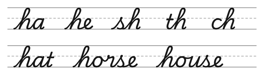 Cursive joins with h (ha, he, sh, th, ch) and words to practice: hat, horse, house