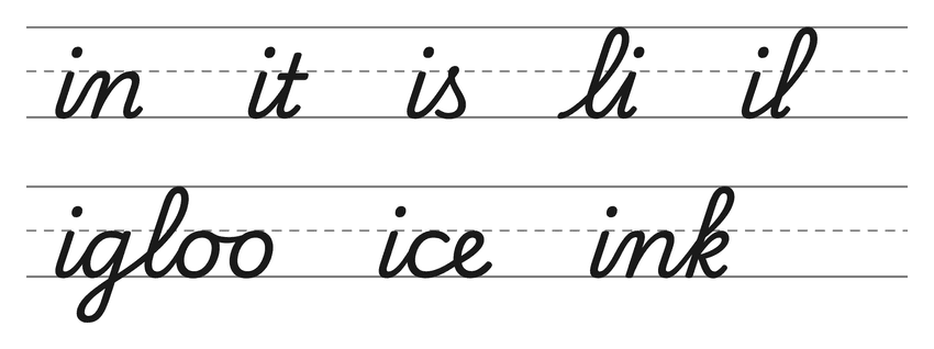 Cursive joins with i (in, it, is, li, il) and words to practice: igloo, ice, ink