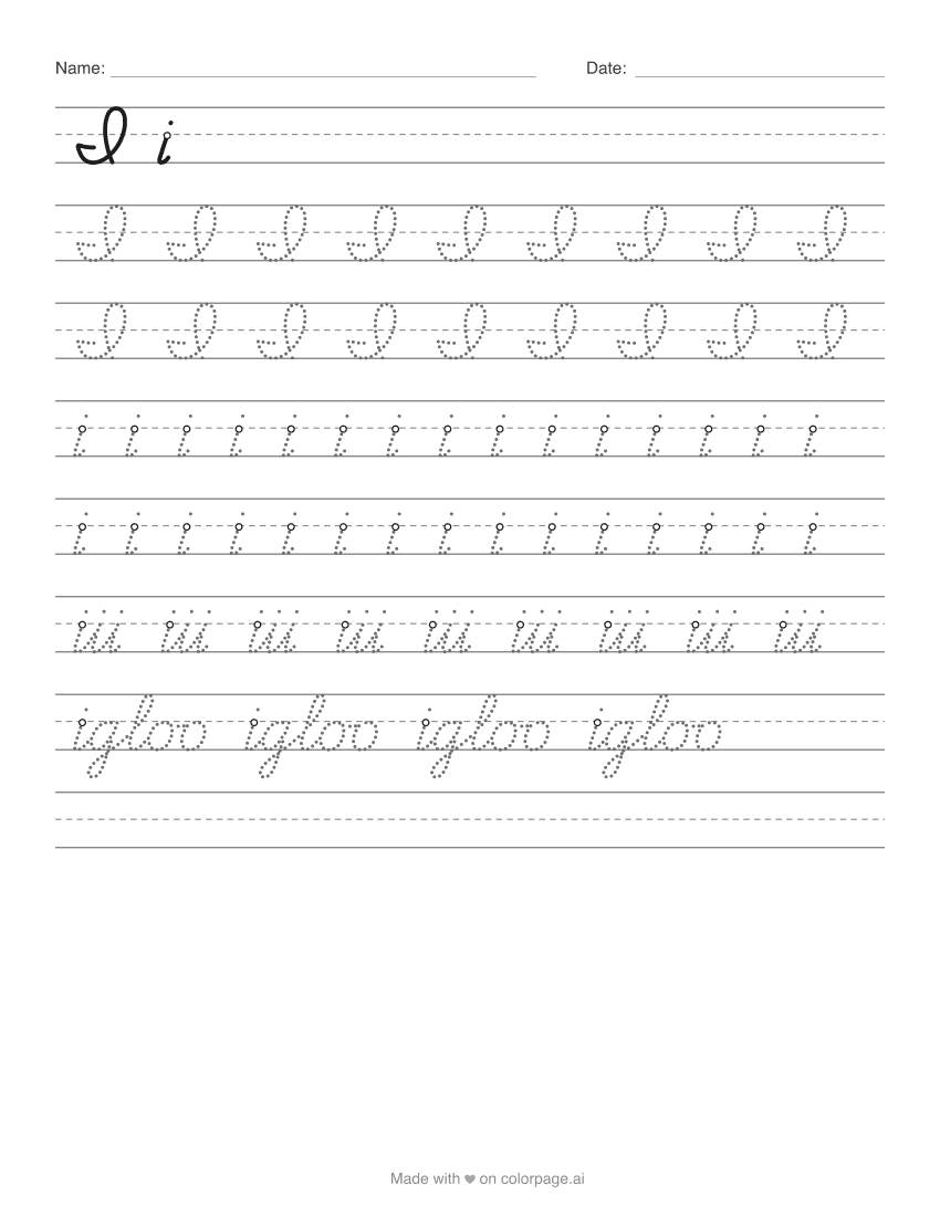 Printable cursive I worksheet with capital and lowercase i to trace