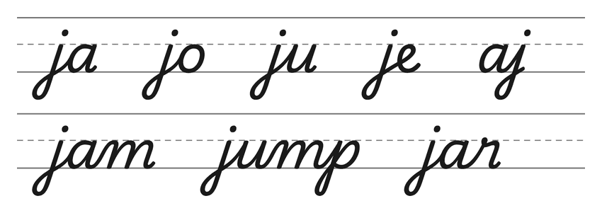 Cursive joins with j (ja, jo, ju, je, aj) and words to practice: jam, jump, jar
