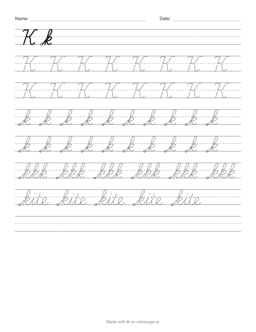 Printable cursive K worksheet with capital and lowercase k to trace