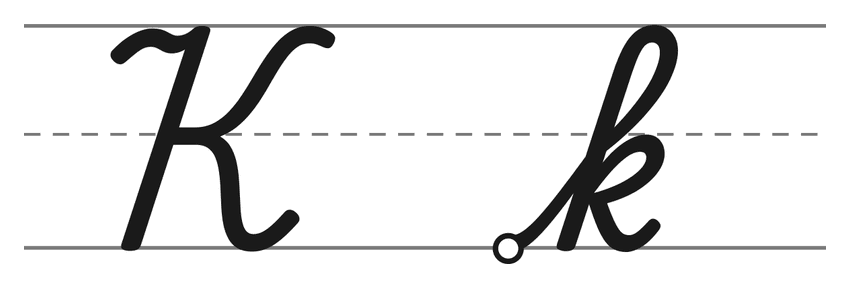 Capital cursive K and lowercase cursive k on handwriting lines