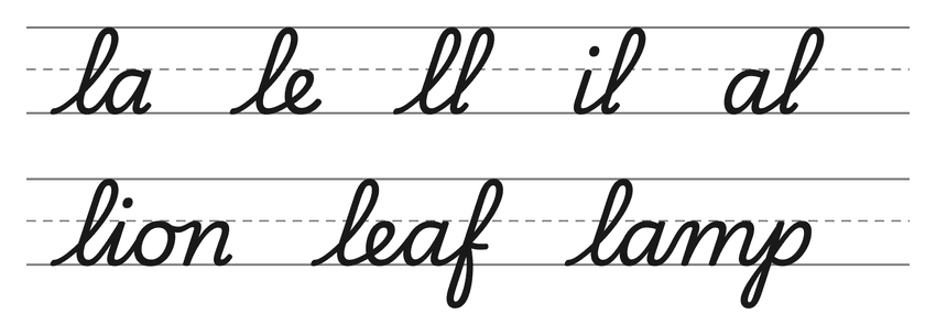 Cursive joins with l (la, le, ll, il, al) and words to practice: lion, leaf, lamp