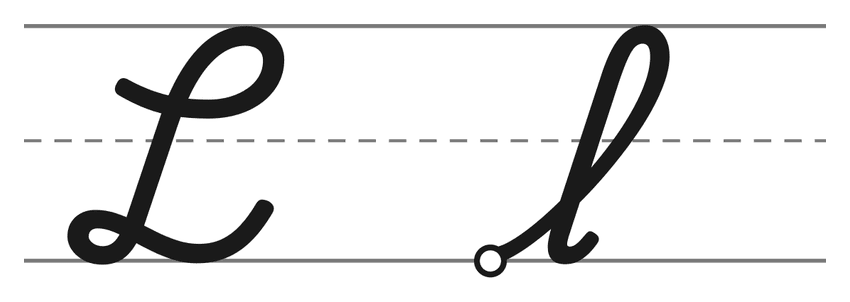 Capital cursive L and lowercase cursive l on handwriting lines