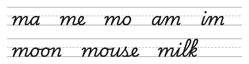 Cursive joins with m (ma, me, mo, am, im) and words to practice: moon, mouse, milk