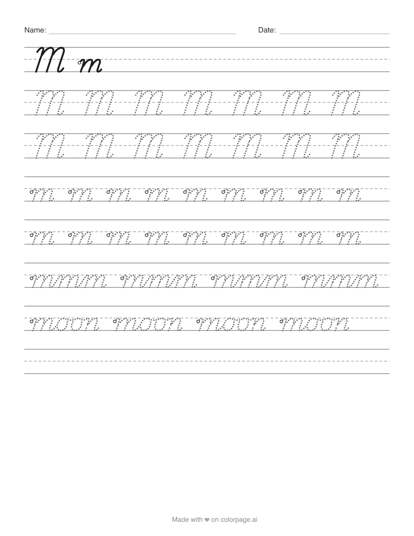 Printable cursive M worksheet with capital and lowercase m to trace
