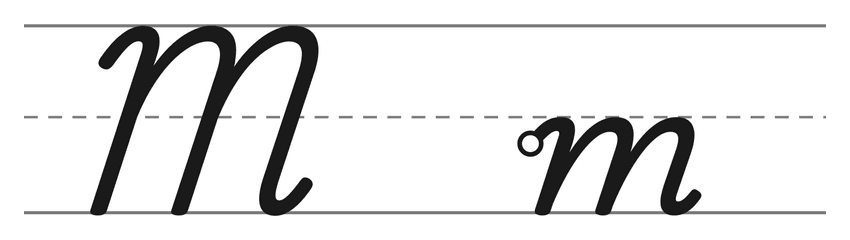 Capital cursive M and lowercase cursive m on handwriting lines
