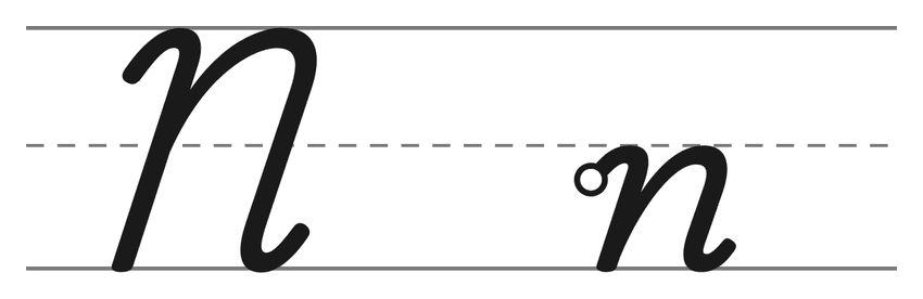 Capital cursive N and lowercase cursive n on handwriting lines